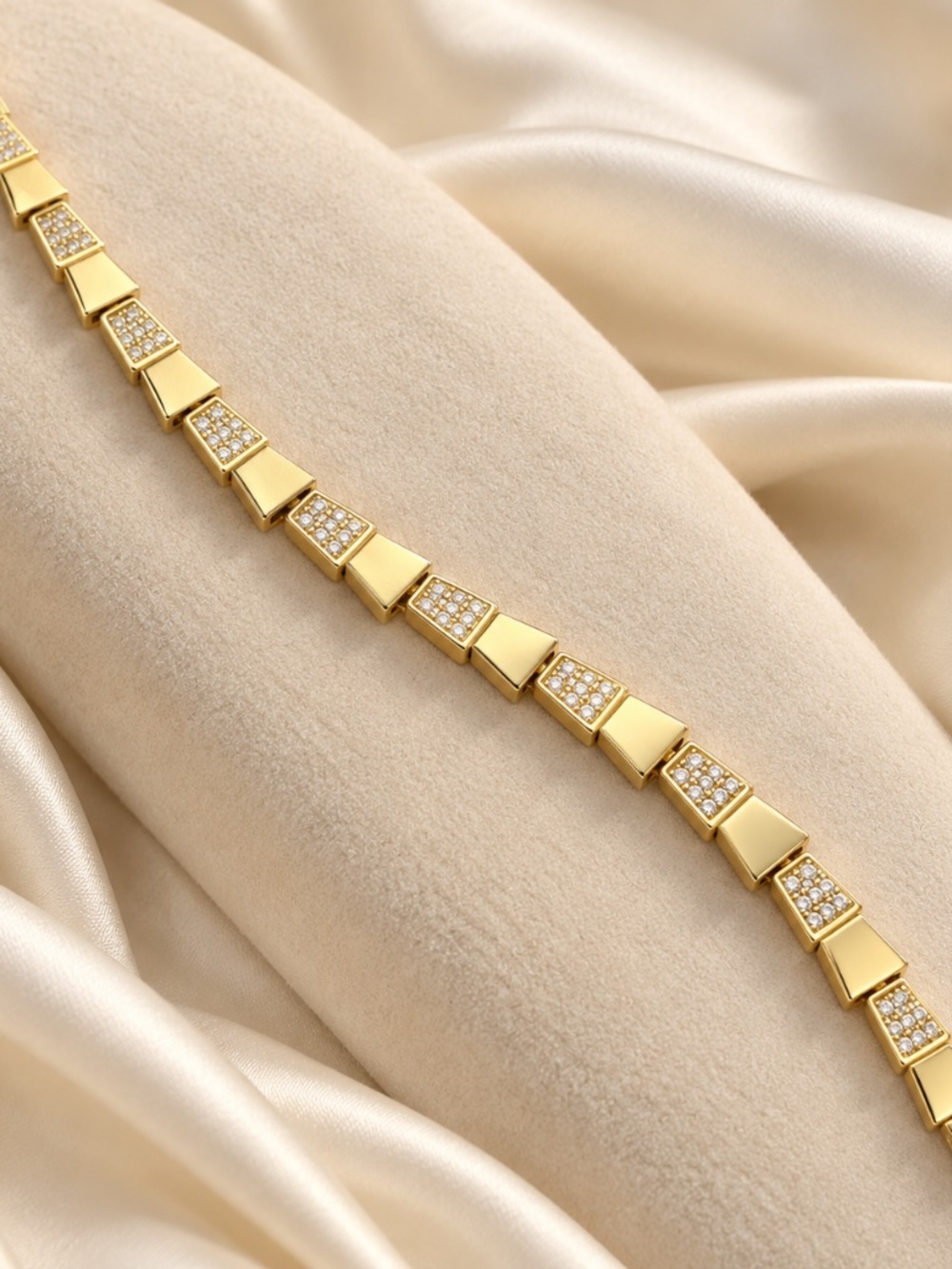 Gold bracelet with polish gold and CZ links, hypoallergenic, tarnish resistant